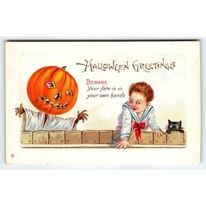 Vintage Halloween Greetings Postcard with Pumpkin Head & Boy, Divided Back